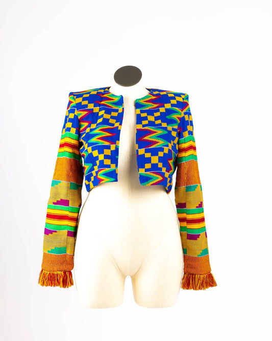 Multicolored Asante Kente Cropped Blazer, front view, with cuff