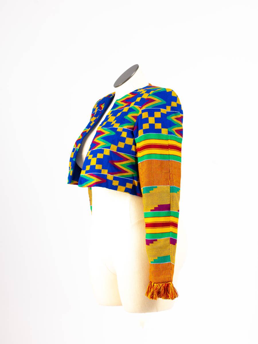 Multicolored Asante Kente Cropped Blazer, side view, with cuff