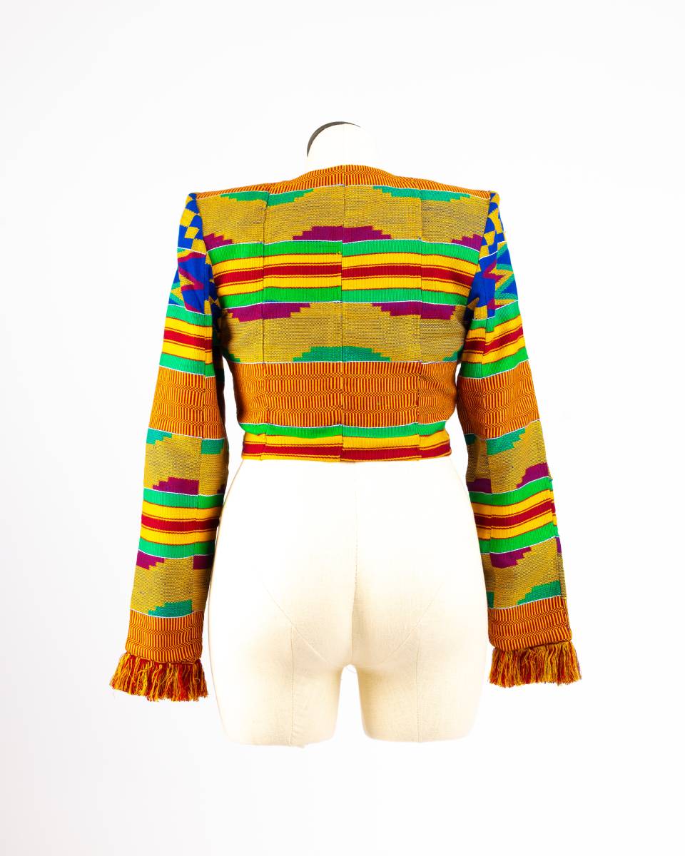 Multicolored Asante Kente Cropped Blazer, back view, with cuff