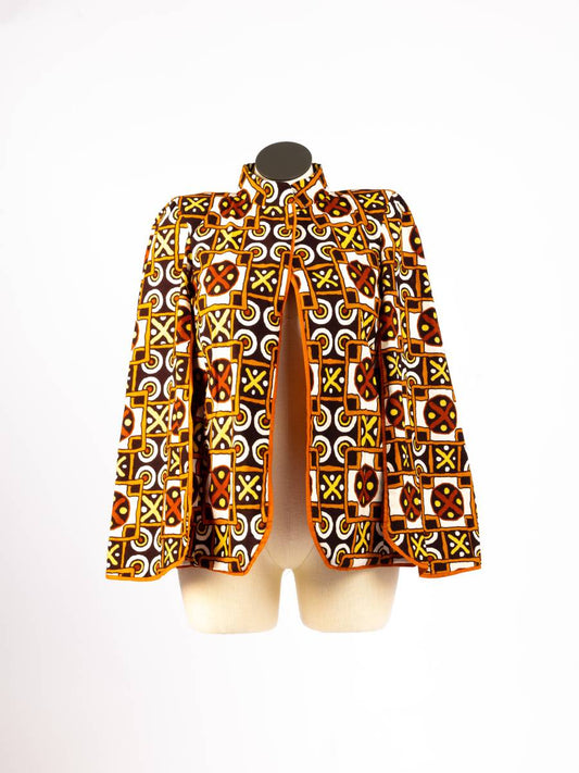 Orange patterned open cape blazer, front view