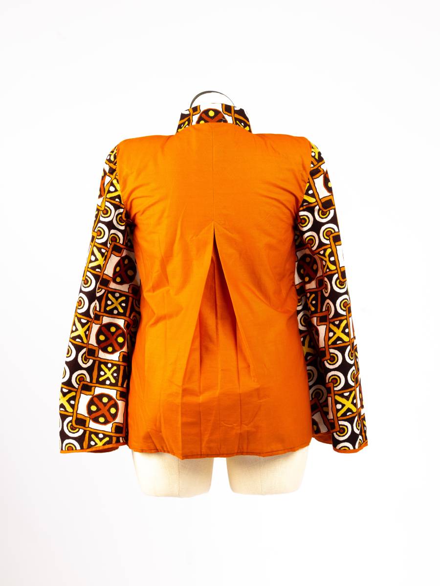Orange patterned open cape blazer, back view