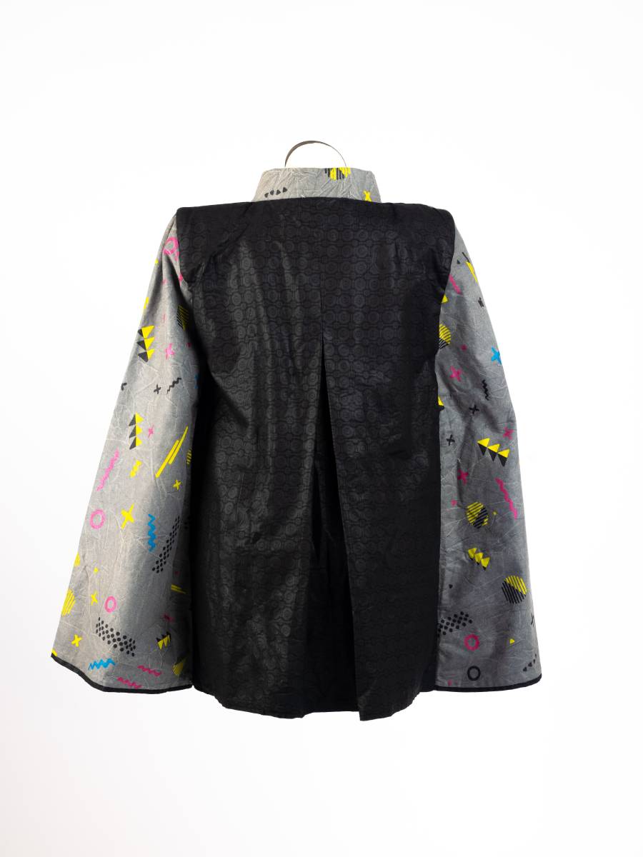Black/Gray open cape blazer, back view