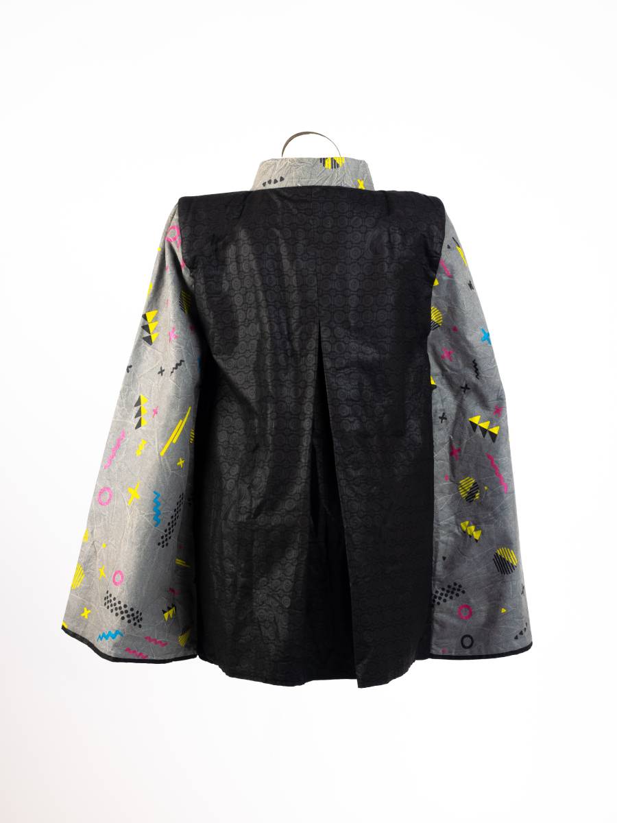 Black/Gray open cape blazer, back view