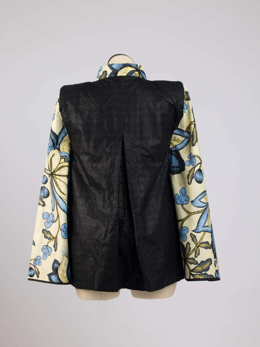 Cream floral patterned open cape blazer, back view