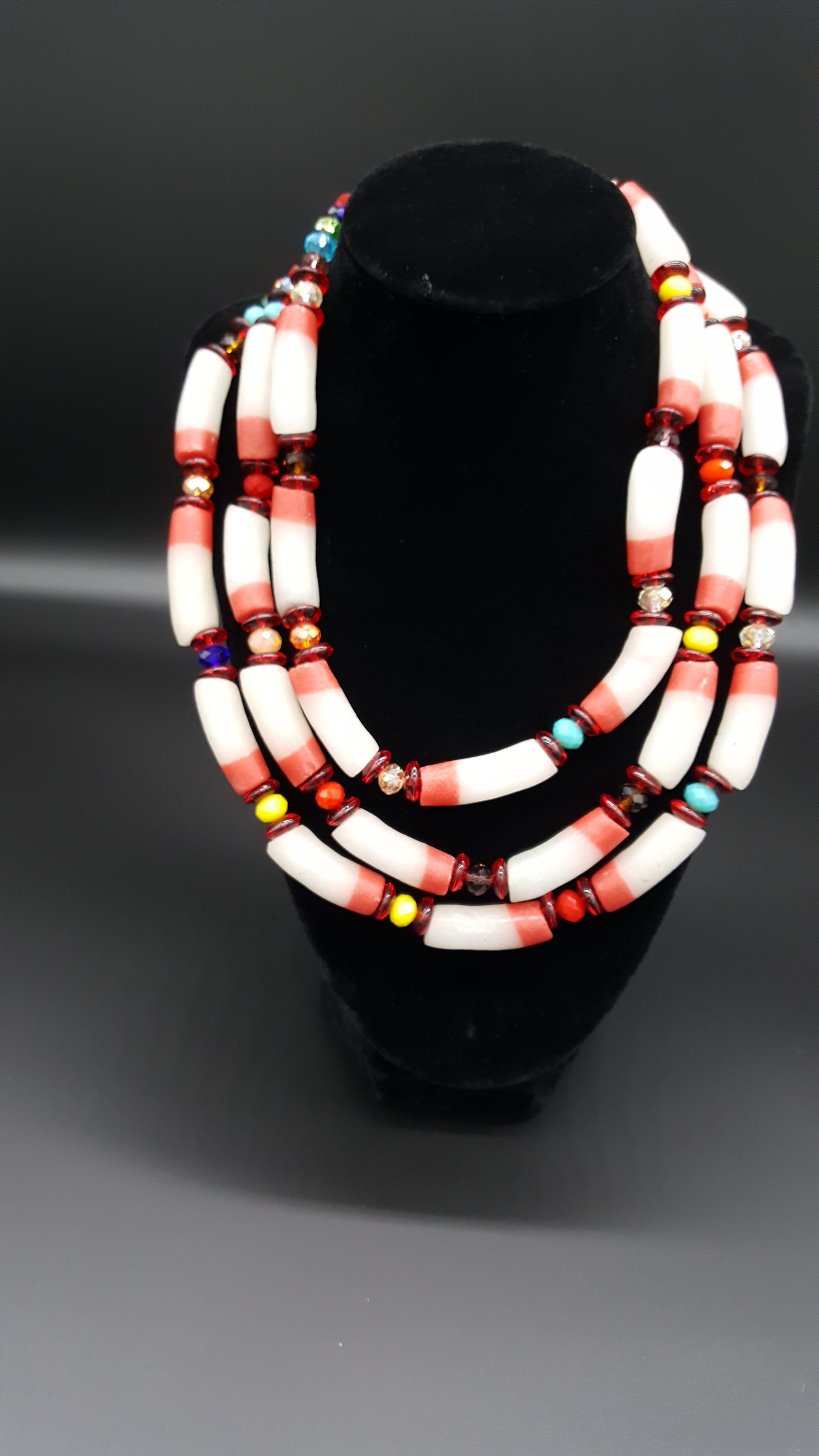 Glass bead necklace, Traditional Ghana, w/metal clasp