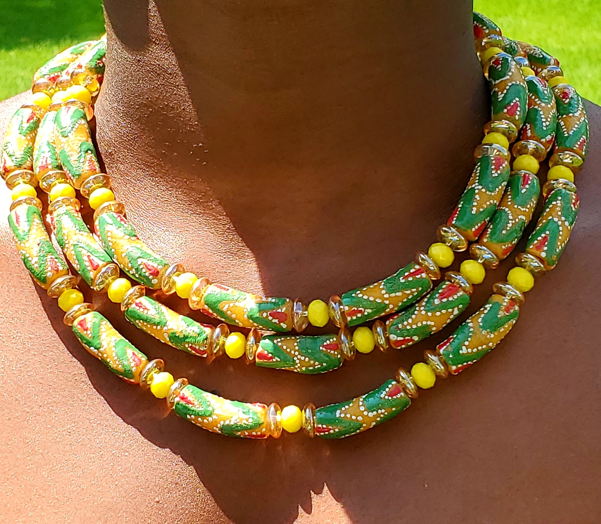 Glass bead necklace, Traditional Ghana, w/metal clasp