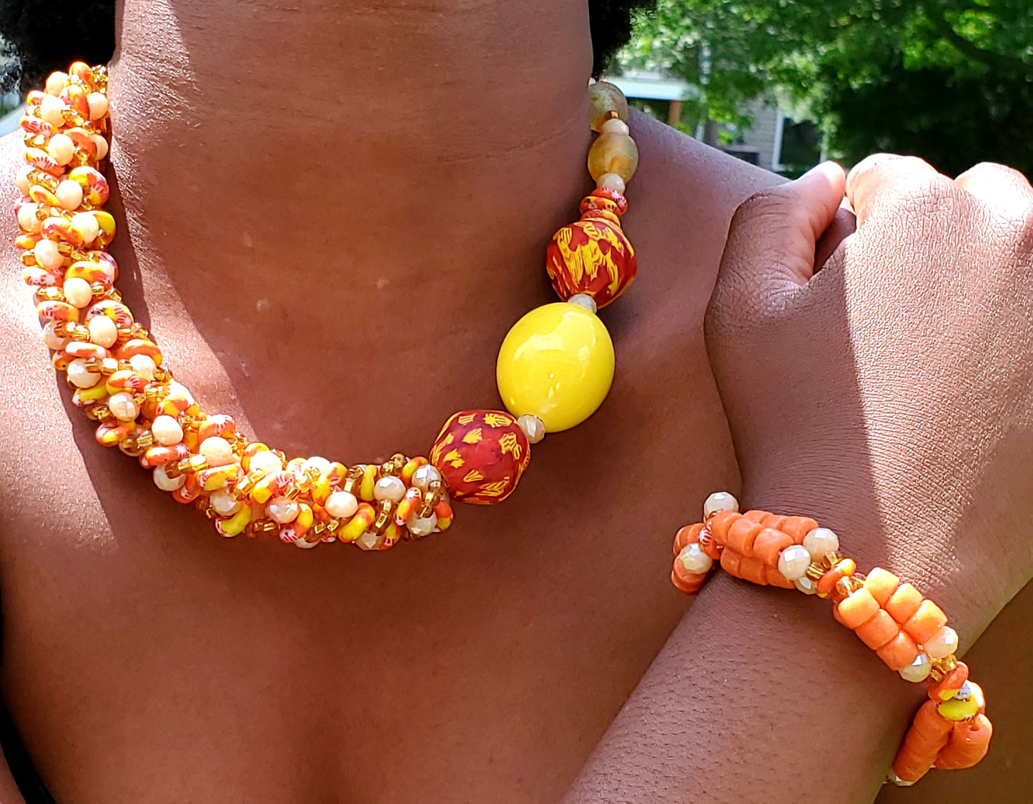 Traditional Ghana glass bead necklace, orange and yellow, with matching bracelet