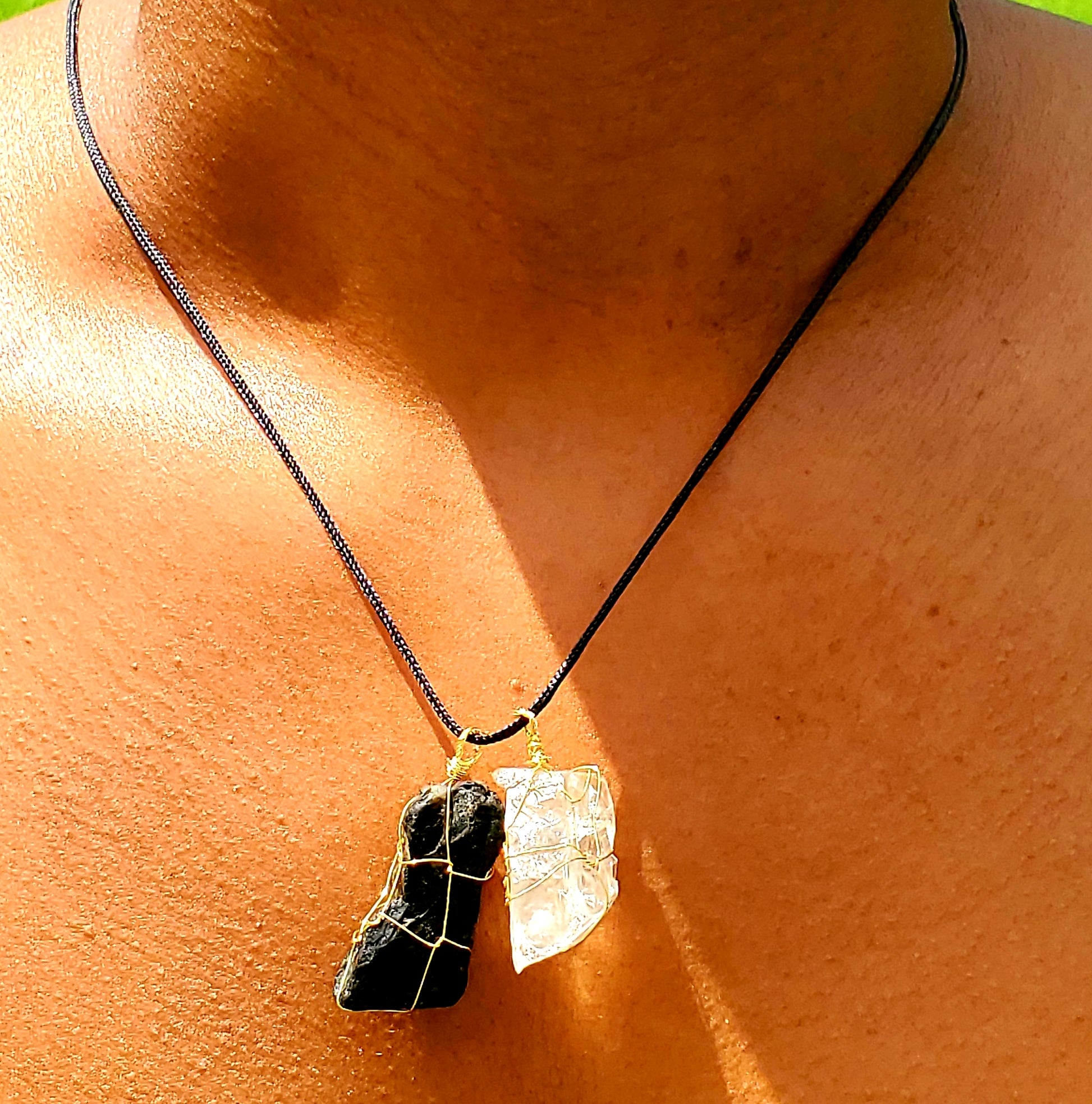 Twin crystal wrapped necklace, tourmaline and quartz pendants