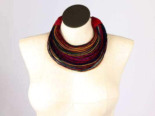 Multicolored strand leather collar, front view